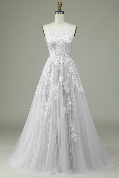 Wedding Dresses V Neck Sweep / Brush Train Satin Tulle Over Lace Spaghetti Strap  Backless Wedding Dress with Lace Appliques