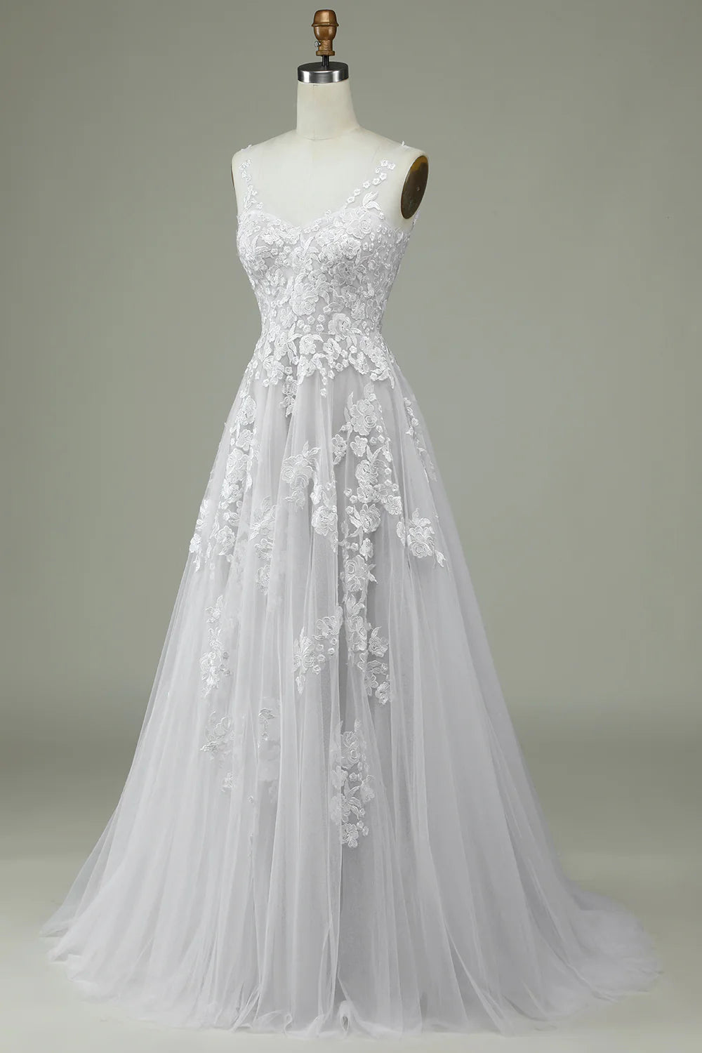 Wedding Dresses V Neck Sweep / Brush Train Satin Tulle Over Lace Spaghetti Strap  Backless Wedding Dress with Lace Appliques