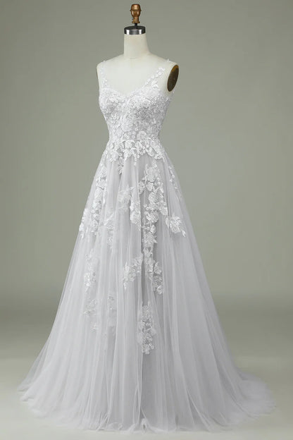 Wedding Dresses V Neck Sweep / Brush Train Satin Tulle Over Lace Spaghetti Strap  Backless Wedding Dress with Lace Appliques