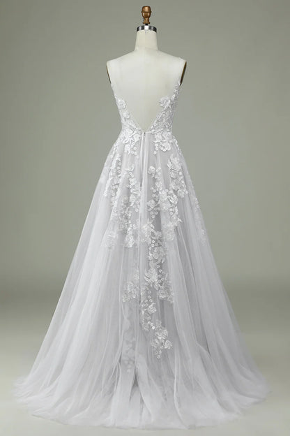 Wedding Dresses V Neck Sweep / Brush Train Satin Tulle Over Lace Spaghetti Strap  Backless Wedding Dress with Lace Appliques