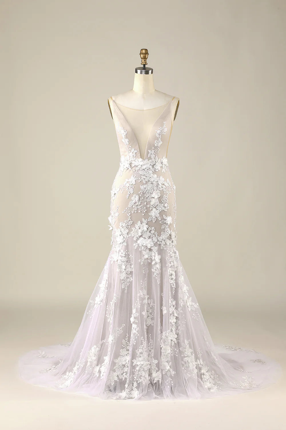Mermaid Wedding Dresses Ball Gown Illusion Neck Cathedral Train Lace Bridal Gowns With Pleats Appliques