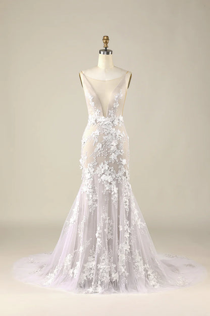 Mermaid Wedding Dresses Ball Gown Illusion Neck Cathedral Train Lace Bridal Gowns With Pleats Appliques