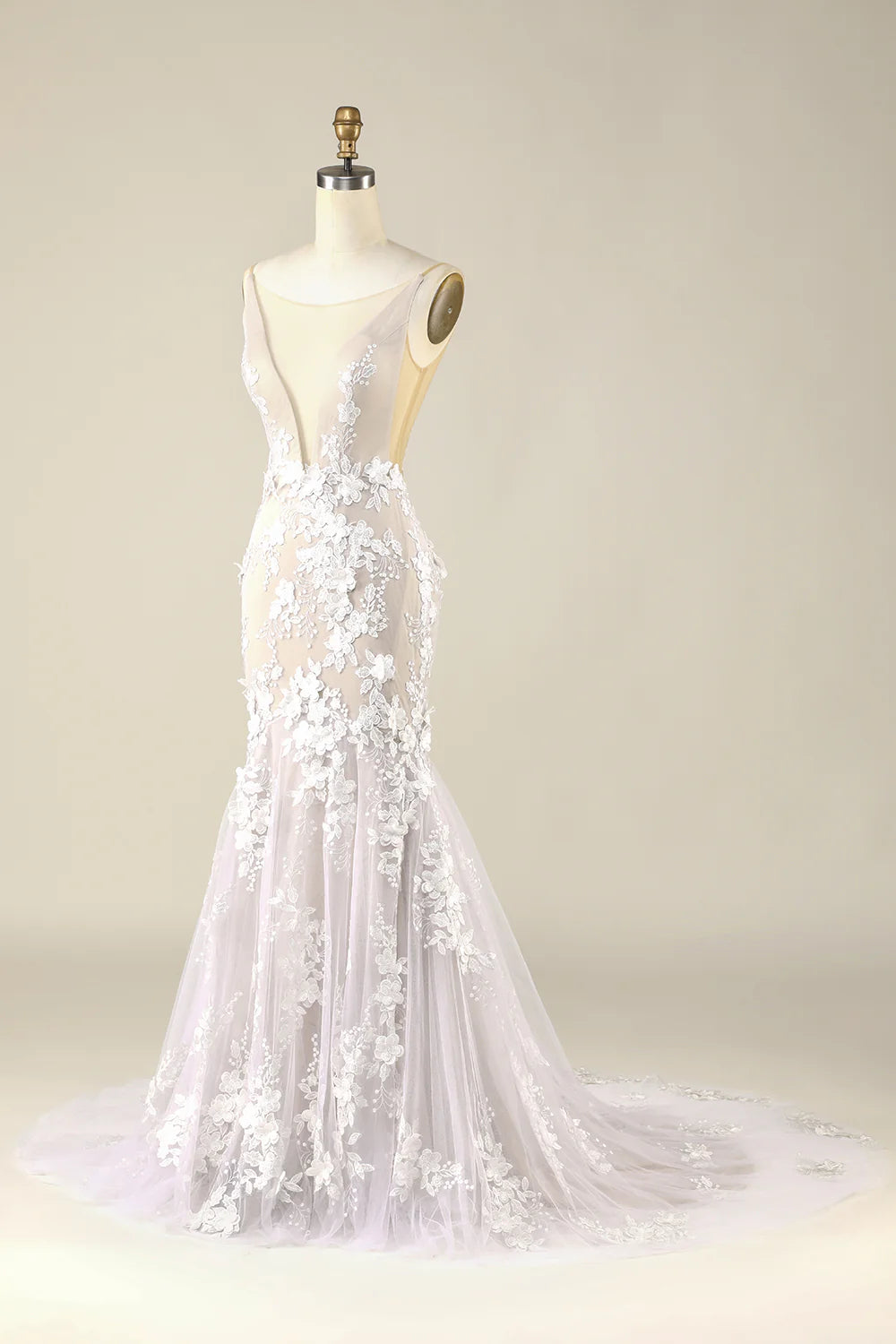 Mermaid Wedding Dresses Ball Gown Illusion Neck Cathedral Train Lace Bridal Gowns With Pleats Appliques
