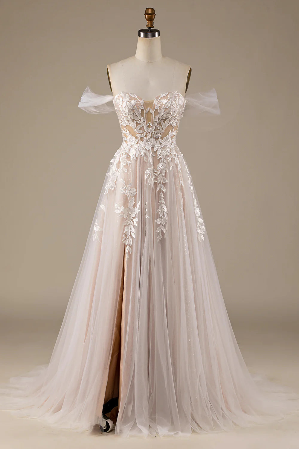 A-Line/Princess Tulle Applique Off-the-Shoulder Champagne Tulle Detachable Wedding Dress