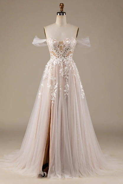 A-Line/Princess Tulle Applique Off-the-Shoulder Champagne Tulle Detachable Wedding Dress