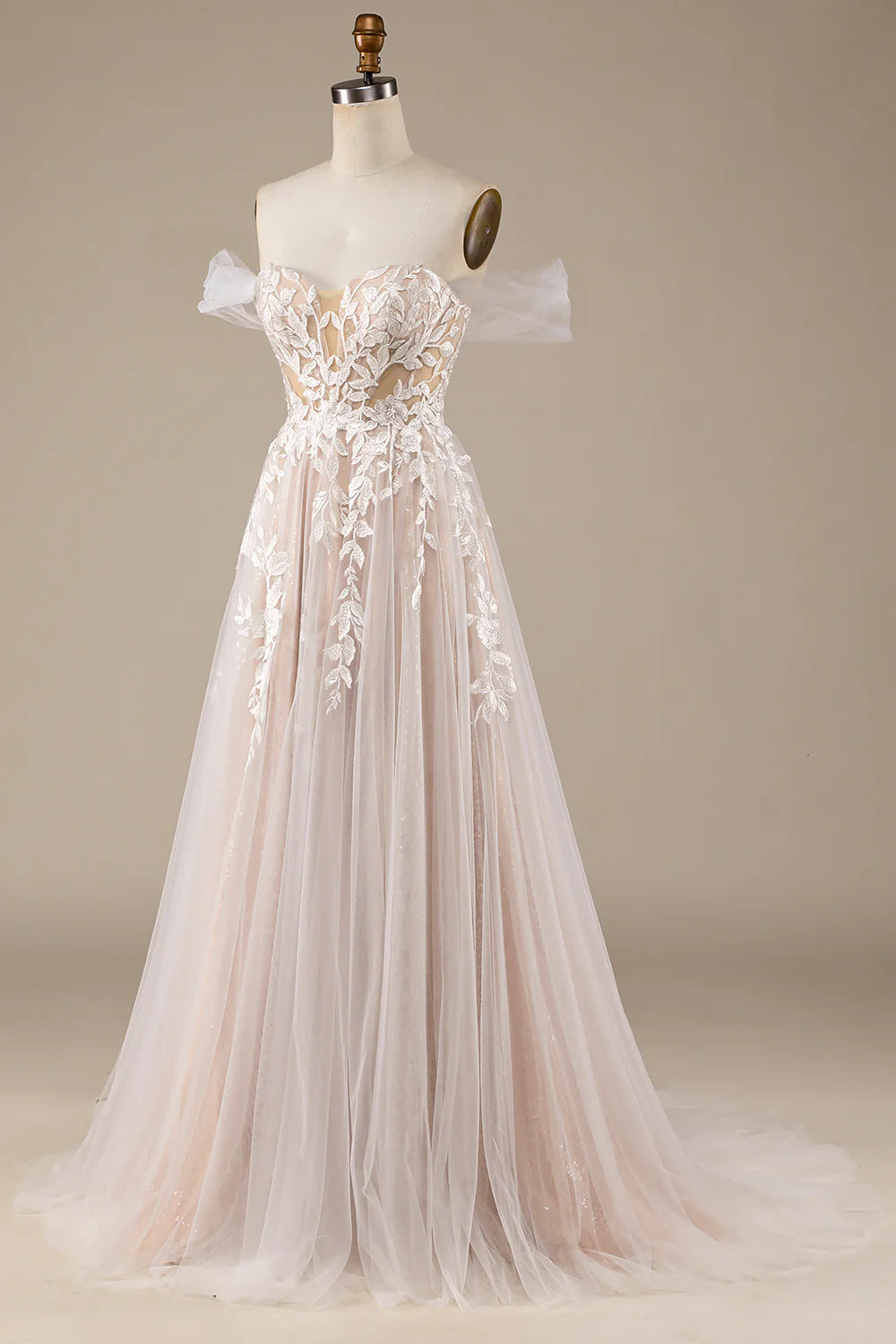 A-Line/Princess Tulle Applique Off-the-Shoulder Champagne Tulle Detachable Wedding Dress