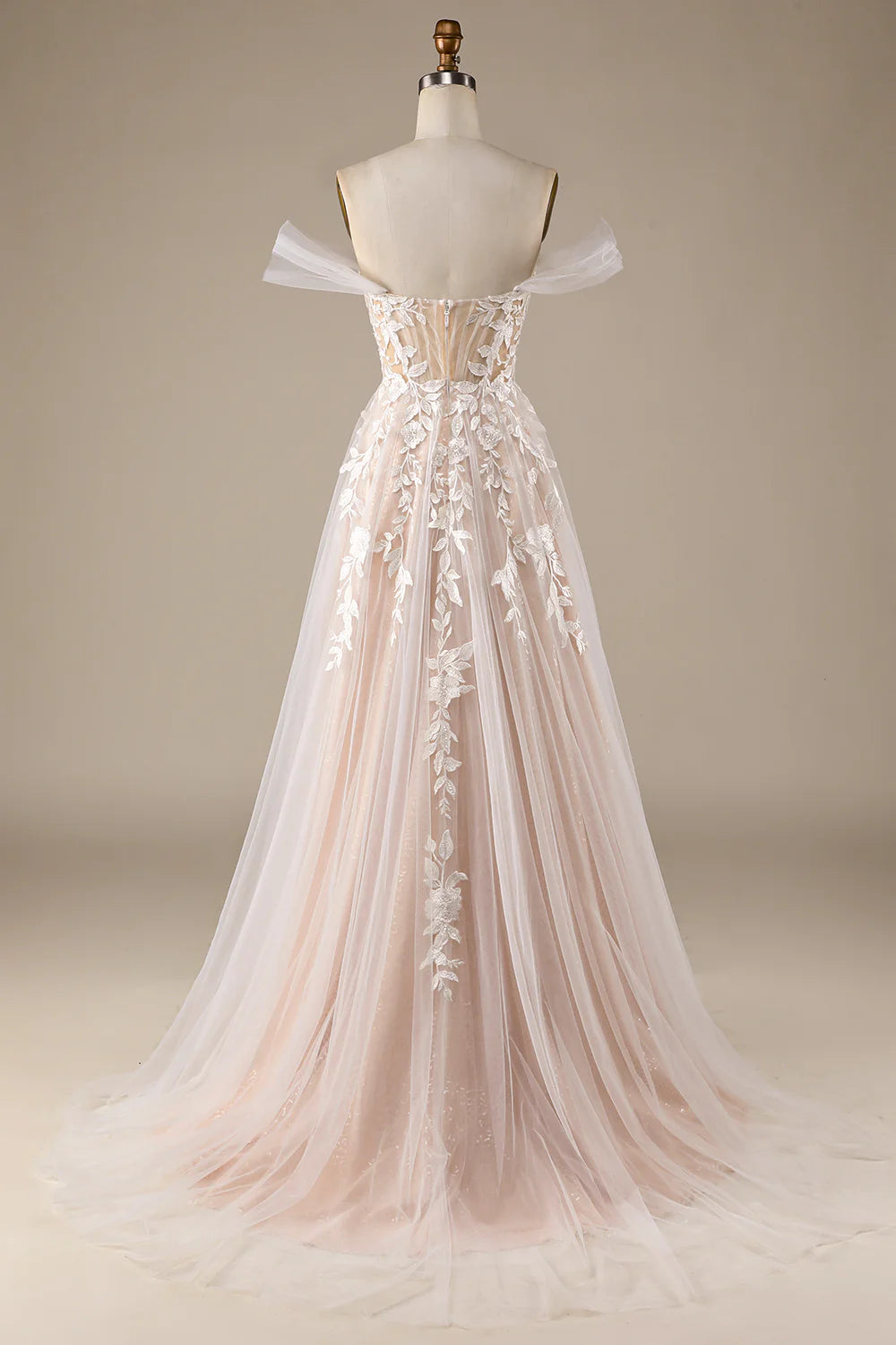 A-Line/Princess Tulle Applique Off-the-Shoulder Champagne Tulle Detachable Wedding Dress