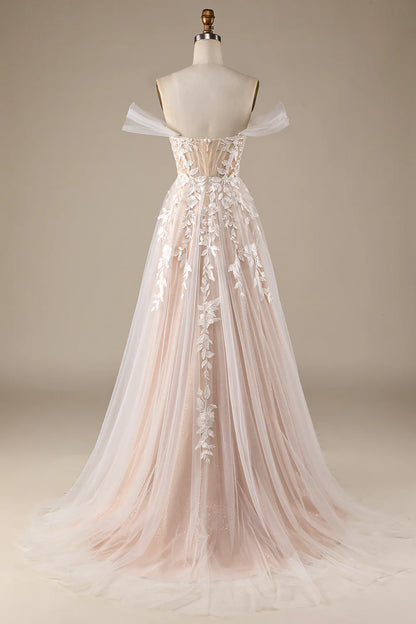 A-Line/Princess Tulle Applique Off-the-Shoulder Champagne Tulle Detachable Wedding Dress