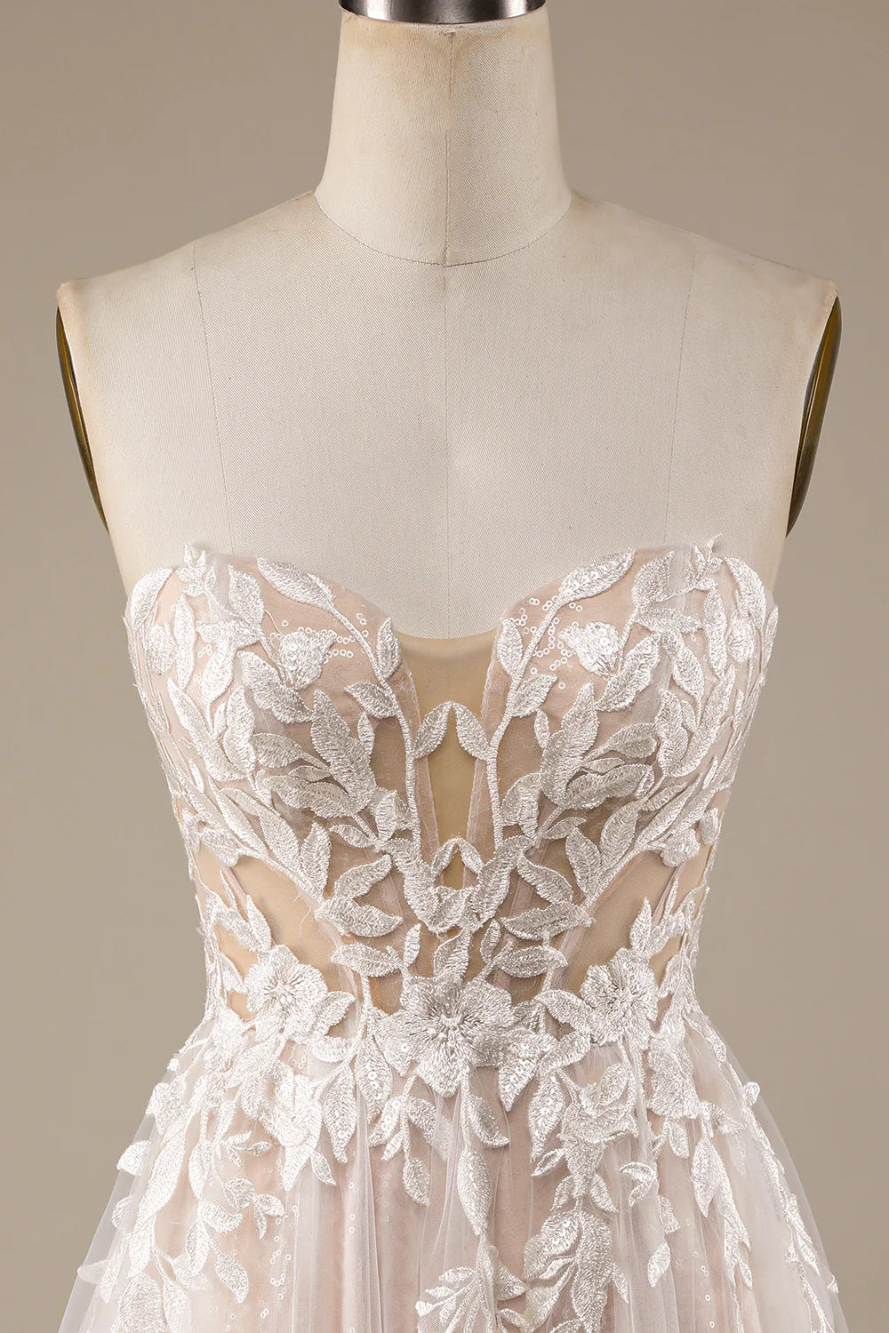 A-Line/Princess Tulle Applique Off-the-Shoulder Champagne Tulle Detachable Wedding Dress