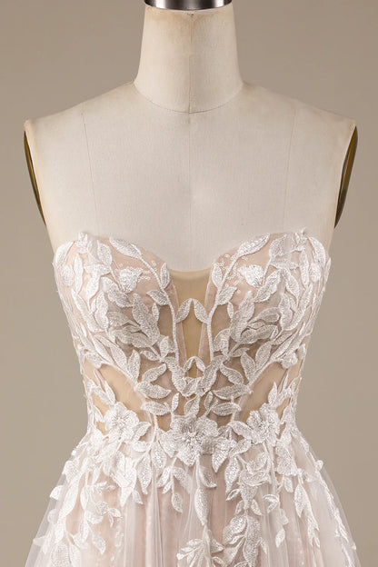A-Line/Princess Tulle Applique Off-the-Shoulder Champagne Tulle Detachable Wedding Dress