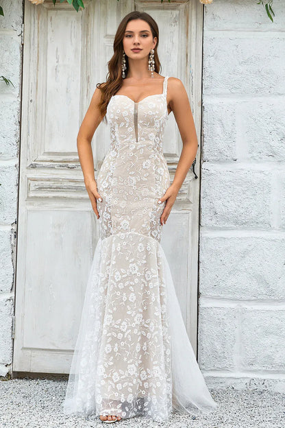 Sheath Mermaid Ivory Sweep Train Wedding Dress with Lace Appliques