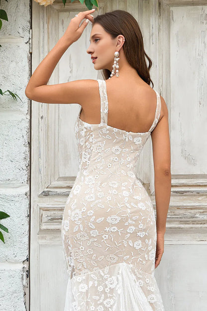 Sheath Mermaid Ivory Sweep Train Wedding Dress with Lace Appliques