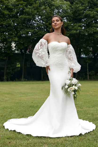 Mermaid Wedding Dresses A-Line Off Shoulder Long Sleeve Court Train  Wedding Dress with Lace