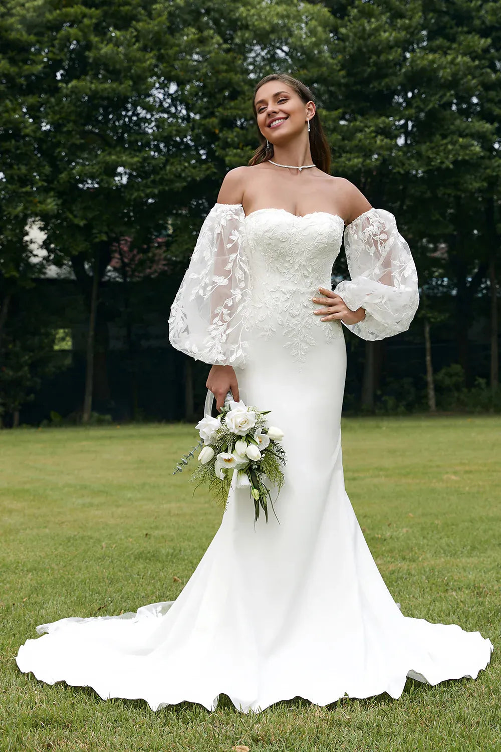 Mermaid Wedding Dresses A-Line Off Shoulder Long Sleeve Court Train  Wedding Dress with Lace