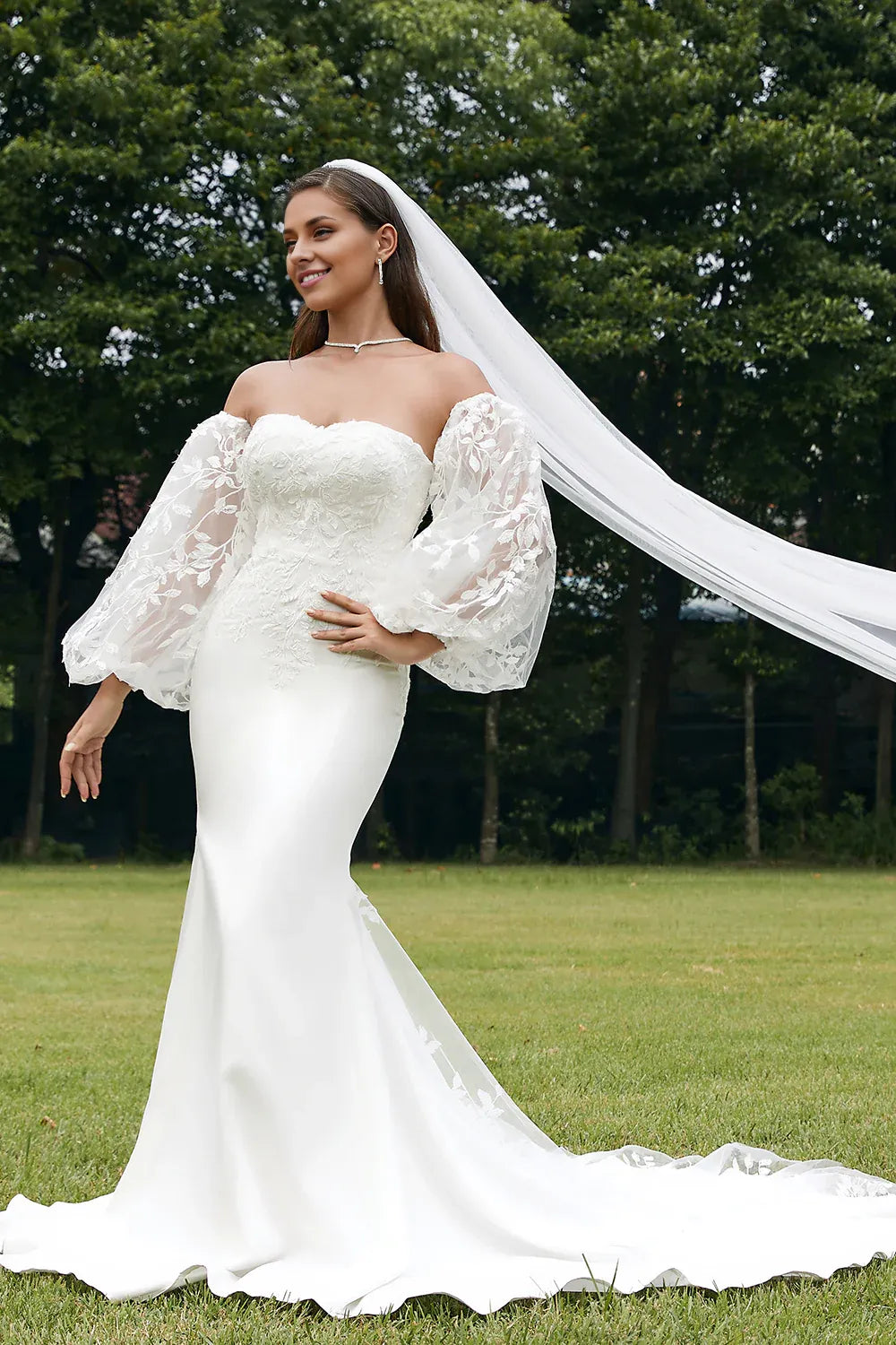 Mermaid Wedding Dresses A-Line Off Shoulder Long Sleeve Court Train  Wedding Dress with Lace