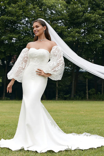 Mermaid Wedding Dresses A-Line Off Shoulder Long Sleeve Court Train  Wedding Dress with Lace