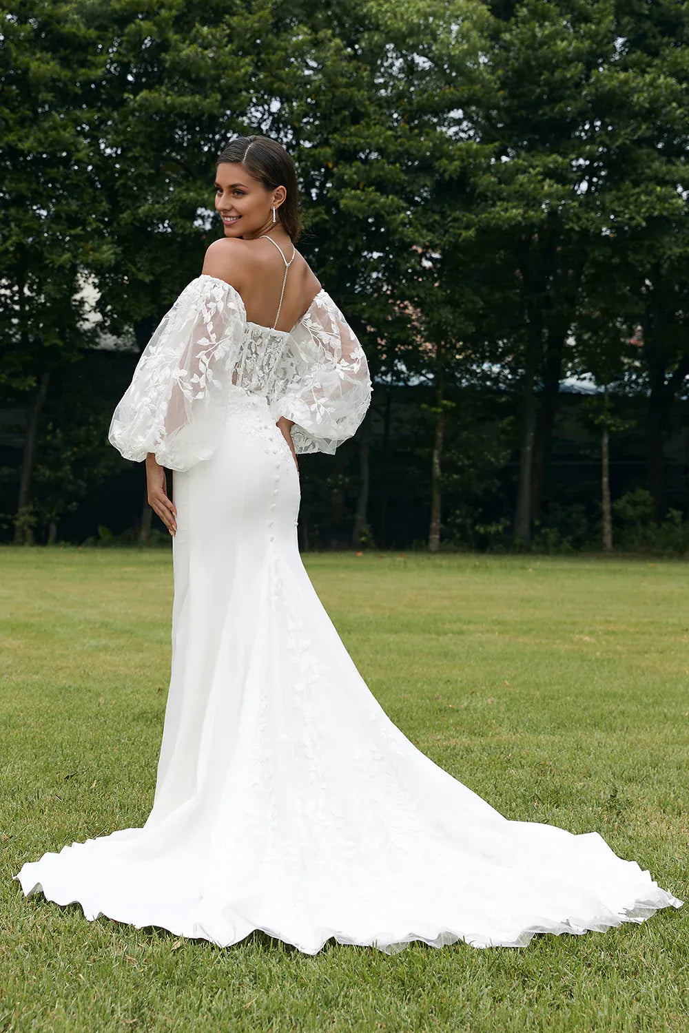 Mermaid Wedding Dresses A-Line Off Shoulder Long Sleeve Court Train  Wedding Dress with Lace