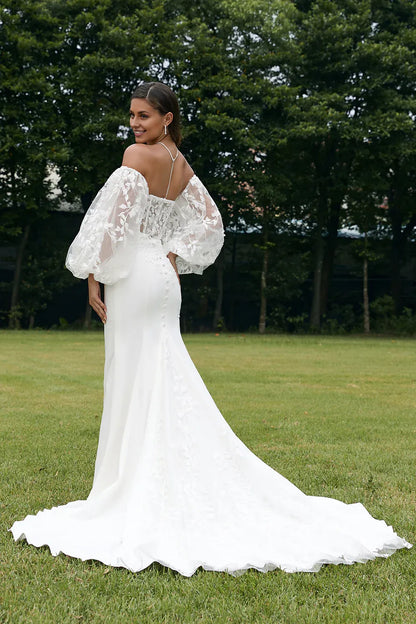 Mermaid Wedding Dresses A-Line Off Shoulder Long Sleeve Court Train  Wedding Dress with Lace