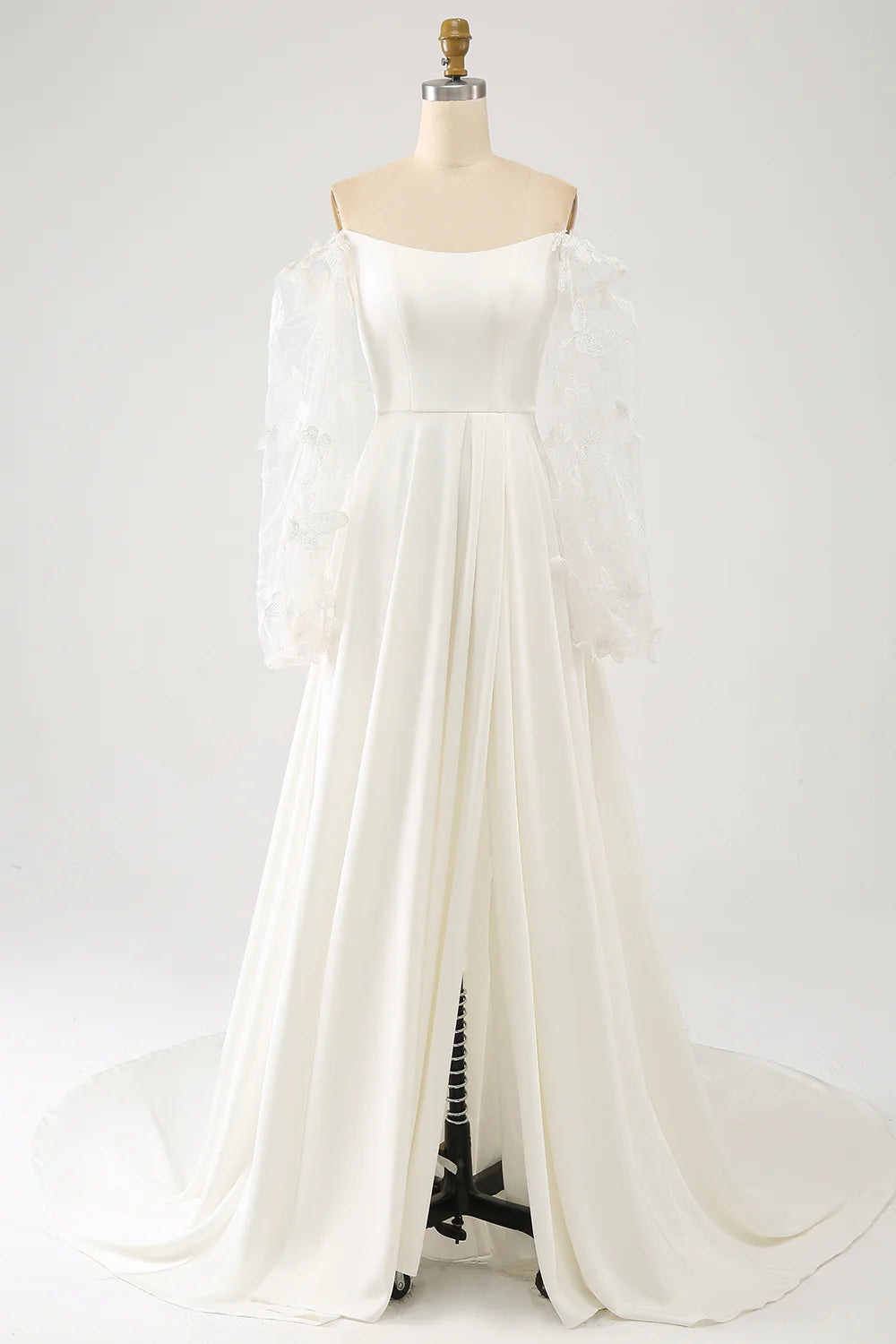 A Line Long Chiffon Wedding Dress With 3D Butterflies Sweep / Brush Train Long Sleeves