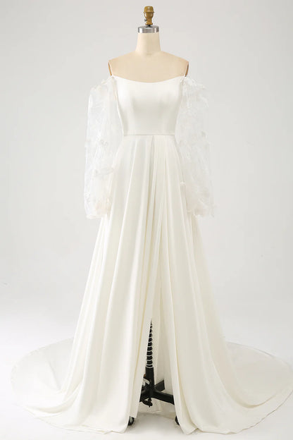 A Line Long Chiffon Wedding Dress With 3D Butterflies Sweep / Brush Train Long Sleeves