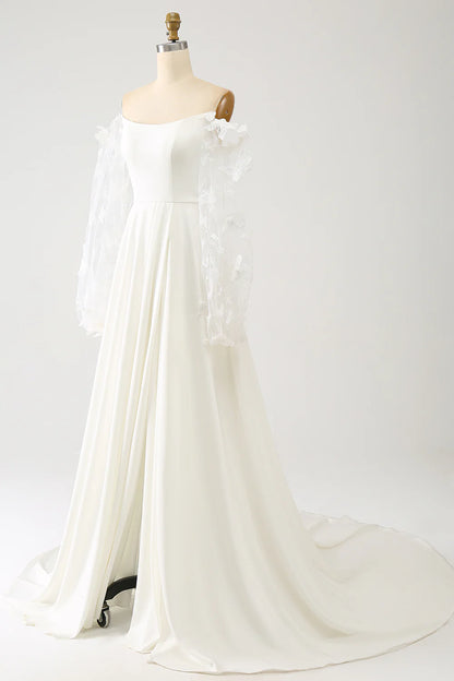 A Line Long Chiffon Wedding Dress With 3D Butterflies Sweep / Brush Train Long Sleeves