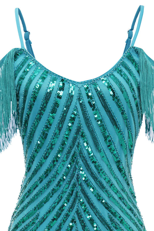Sheath Sparkly Turquoise Sequins Short Homecoming Dress with Fringes