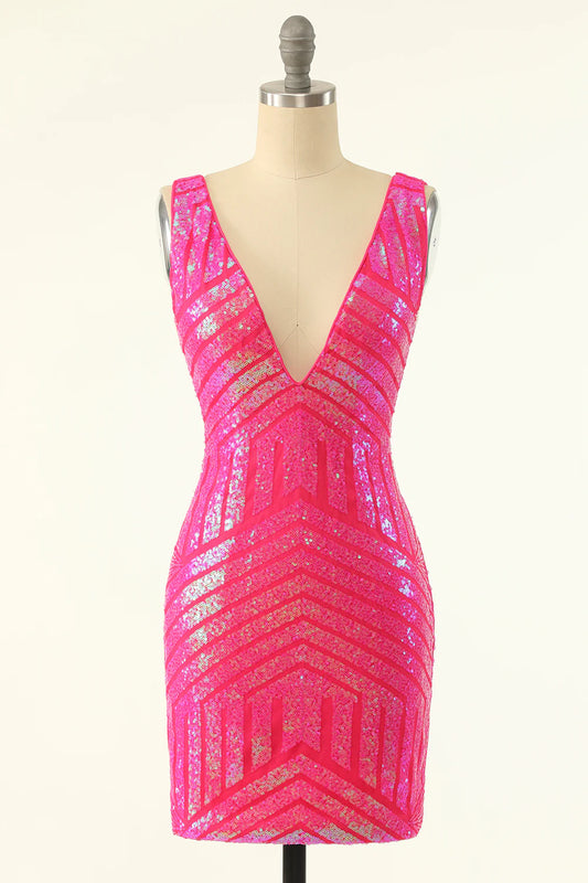 A Line Sheath Fuchsia Sequins Low V-Neck Homecoming Dress