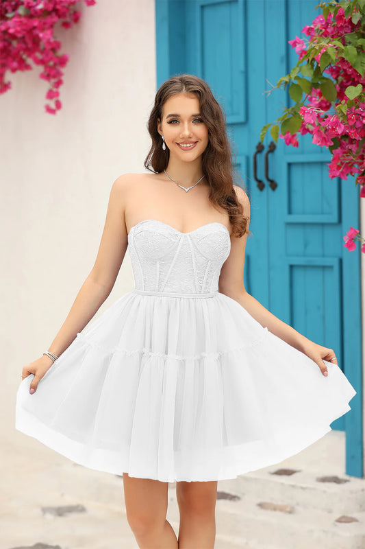 White Corset Detachable Long Sleeves Cute Cocktail Dresses Graduation Dress