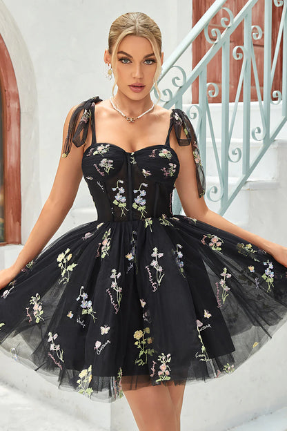 A Line Spaghetti Straps Grey Blue Short/Mini Homecoming Dress with Embroidery