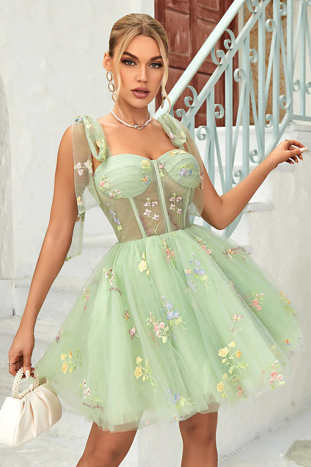 A Line Spaghetti Straps Grey Blue Short/Mini Homecoming Dress with Embroidery