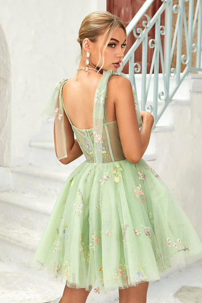 A Line Spaghetti Straps Grey Blue Short/Mini Homecoming Dress with Embroidery