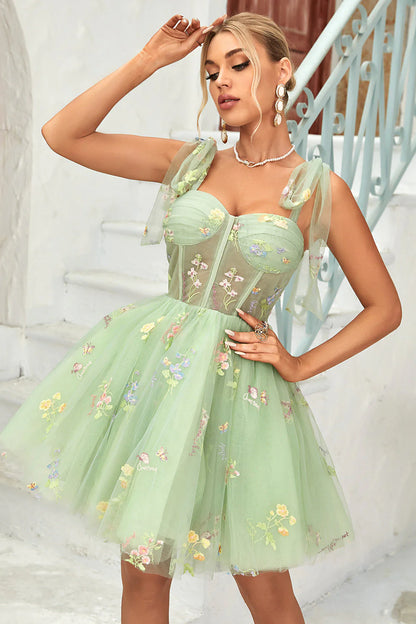 A Line Spaghetti Straps Grey Blue Short/Mini Homecoming Dress with Embroidery