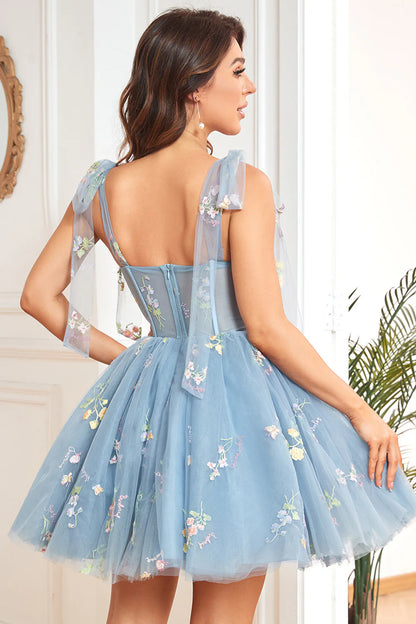 A Line Spaghetti Straps Grey Blue Short/Mini Homecoming Dress with Embroidery