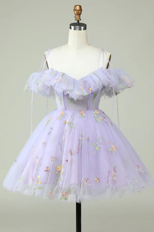 Lavender Off Shoulder Embroidery Homecoming Dress With Ruffles