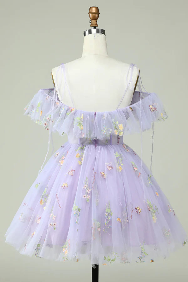 Lavender Off Shoulder Embroidery Homecoming Dress With Ruffles