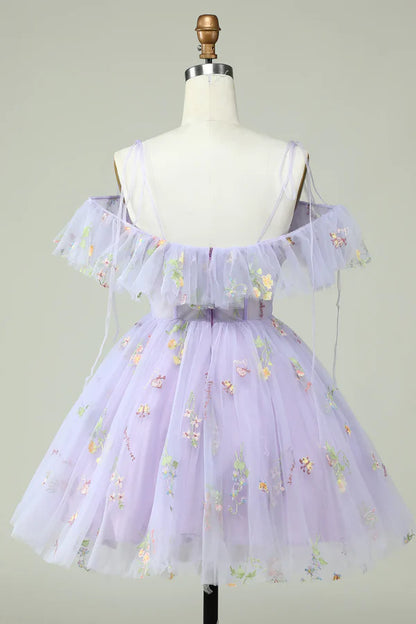 Lavender Off Shoulder Embroidery Homecoming Dress With Ruffles
