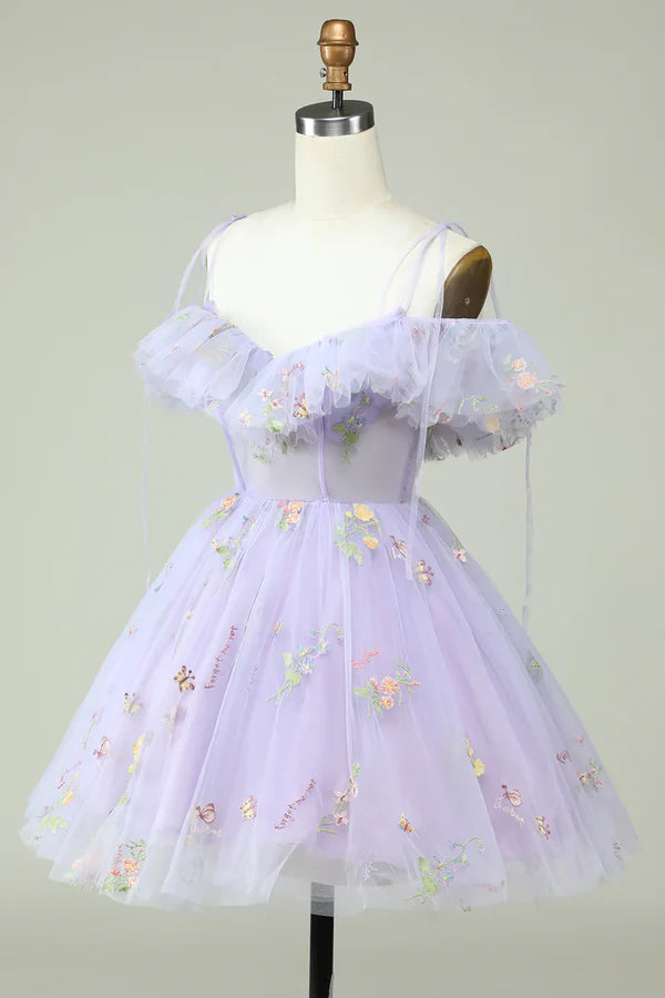 Lavender Off Shoulder Embroidery Homecoming Dress With Ruffles