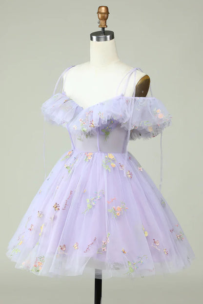 Lavender Off Shoulder Embroidery Homecoming Dress With Ruffles