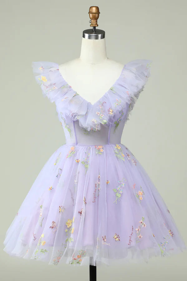 Lavender Off Shoulder Embroidery Homecoming Dress With Ruffles