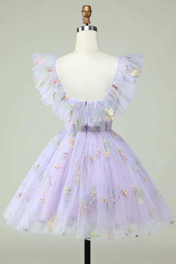 Lavender Off Shoulder Embroidery Homecoming Dress With Ruffles
