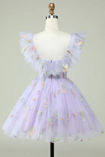 Lavender Off Shoulder Embroidery Homecoming Dress With Ruffles
