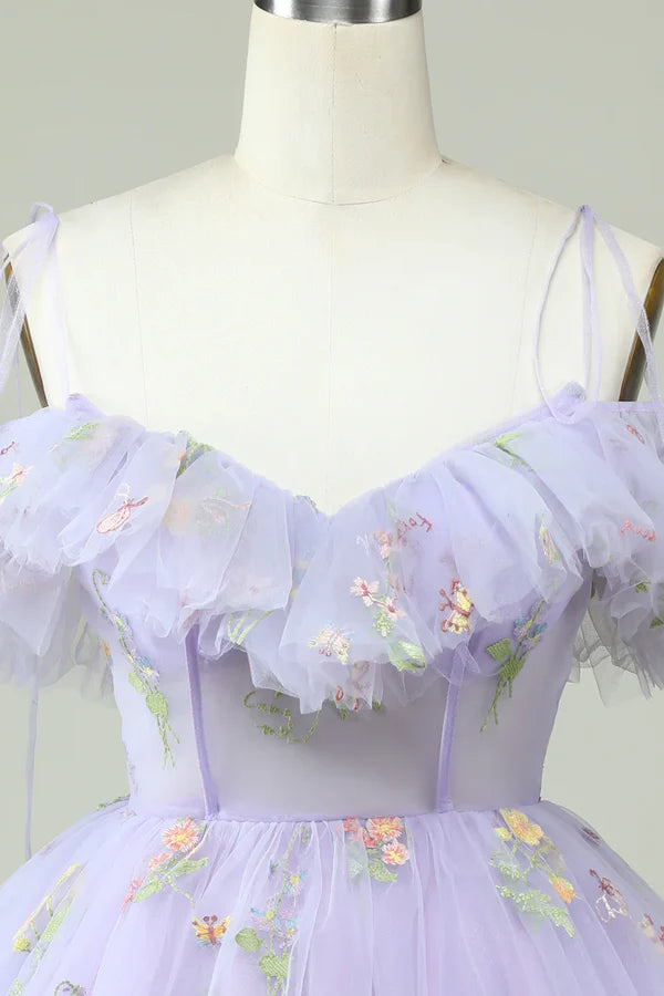 Lavender Off Shoulder Embroidery Homecoming Dress With Ruffles