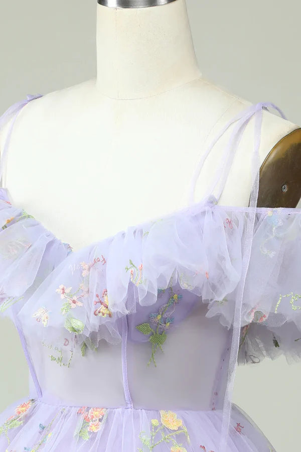 Lavender Off Shoulder Embroidery Homecoming Dress With Ruffles