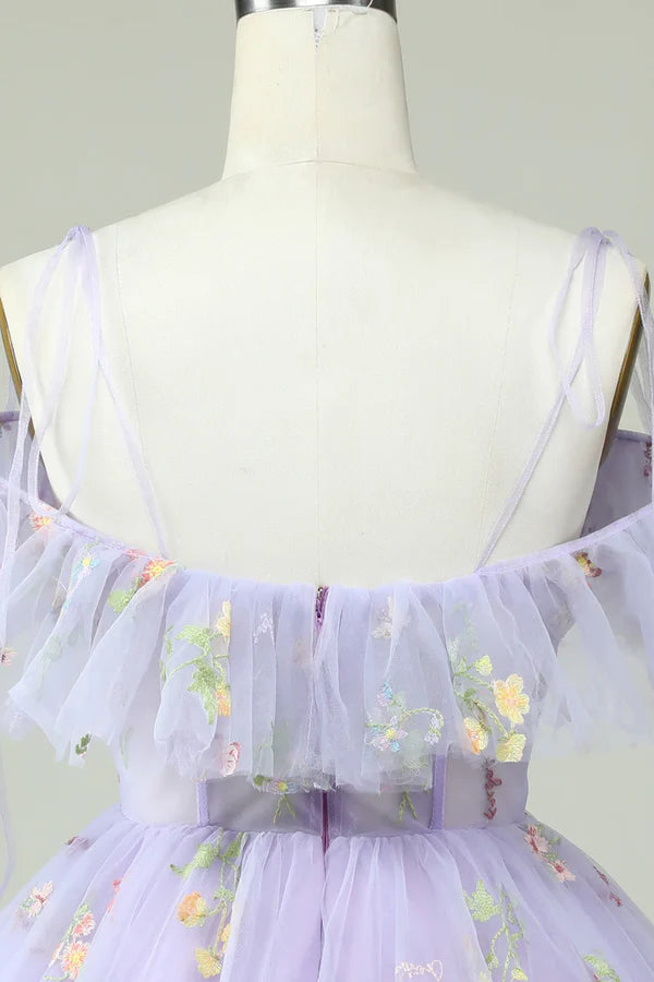 Lavender Off Shoulder Embroidery Homecoming Dress With Ruffles