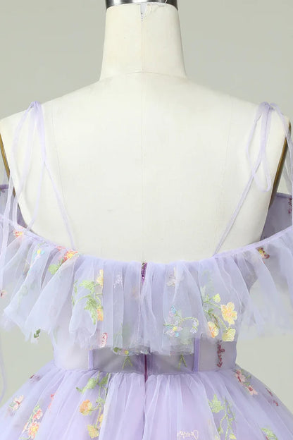 Lavender Off Shoulder Embroidery Homecoming Dress With Ruffles