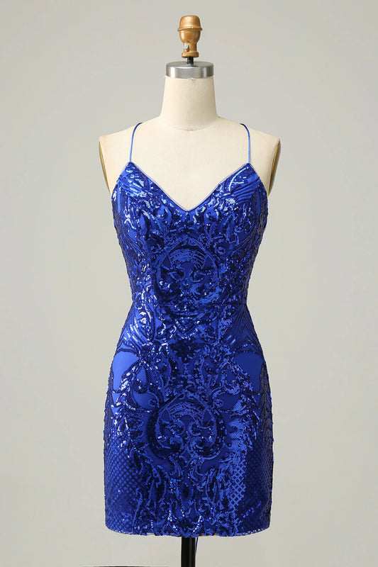 Sheath Spaghetti Straps Fuchsia Sequins Short/Mini Homecoming Dress