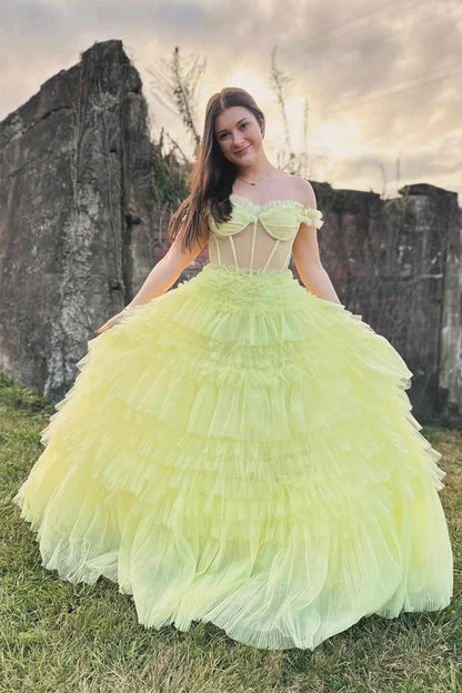 Off the Shoulder Light  Ruffle Layered Prom Dress