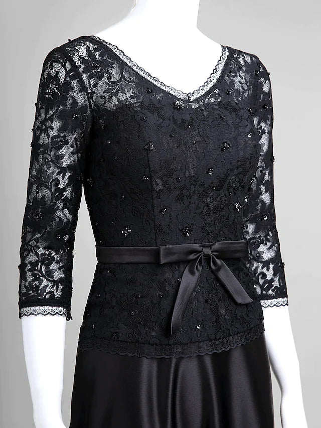 A-Line Mother of the Bride Dress Open Back V Neck Floor Length Lace Satin Half Sleeve with Lace Bow