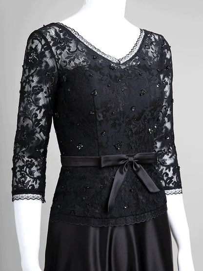 A-Line Mother of the Bride Dress Open Back V Neck Floor Length Lace Satin Half Sleeve with Lace Bow