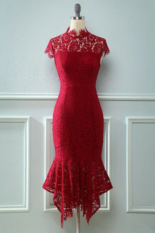 A Line Burgundy Sheath Jewel Lace Dress With Short Sleeve